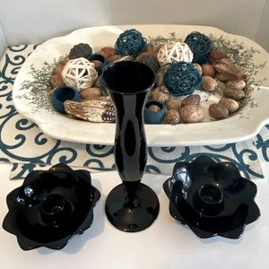 Antique Art Deco 1940’s Floral Black Art Glass Bud Vase & Footed Candle Holders